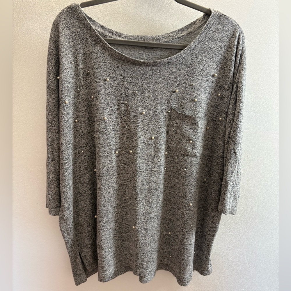 Peace & Pearls Gray Pearl Embellished Boxy Scoop Neck Blouse 1X